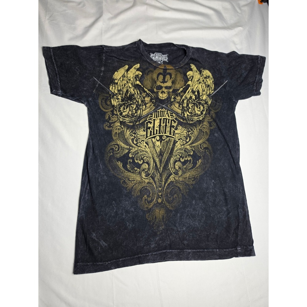 MMA Elite Mens Sm Black Mineral Wash Graphic T-Shirt Skull Fleur-de-Lis Gothic
